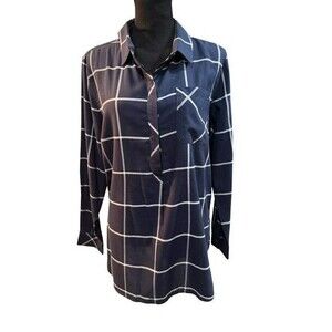 Athleta Womens Blouse Size Large Blue Plaid Tunic Long Sleeves Popover Cotton